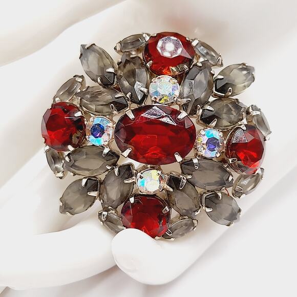 Vintage Jewelry - Vintage Rhinestone Brooch, Red Aurora Borealis Pin, Smoky Gray Navettes, 1960s